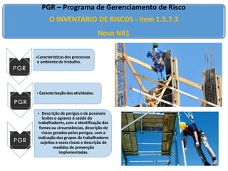 PGR – Programa de Gerenciamento de Risco
O INVENTÁRIO DE RISCOS - item 1.5.7.3
Nova NR1
•Característicasdos processos
e ambiente do trabalho.
• Caracterizaçãodas atividades.
• Descrição de perigos e de possíveis
lesões o agravos à saúde do
trabalhadores, com a identificação das
fontes ou circunstâncias, descrição de
riscos gerados pelos perigos, com a
indicação dos grupos de trabalhadores
sujeitos a esses riscos e descrição de
medidas de prevenção
implementadas.
 