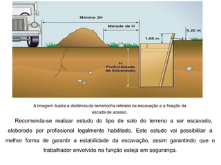 A imagem ilustra a distância da terra/rocha retirada na escavação e a fixação da
escada de acesso.
Recomenda-se realizar estudo do tipo de solo do terreno a ser escavado,
elaborado por profissional legalmente habilitado. Este estudo vai possibilitar a
melhor forma de garantir a estabilidade da escavação, assim garantindo que o
trabalhador envolvido na função esteja em segurança.
 