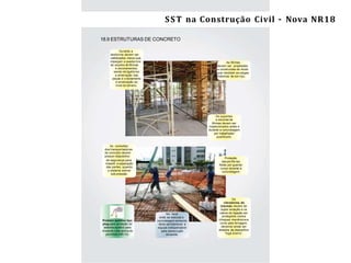 22 Segurança e Saúde do Trabalho na Construção Civil/ES –NR-18
18.9 ESTRUTURAS DE CONCRETO
No local
onde se executa a
concretagem somente
deve permanecer a
equipe indispensável
para aexecução
da tarefa.
Durante a
desforma devem ser
viabilizados meios que
impeçam a queda livre
de seções de fôrmas
e escoramentos,
sendo obrigatórios
a amarração das
peças e o isolamento
e sinalização ao
nível do terreno.
As fôrmas
devem ser projetadas
e construídas de modo
que resistam as cargas
máximas de serviço.
Os suportes
e escoras de
fôrmas devem ser
inspecionados antes e
durante a concretagem
por trabalhador
qualiﬁcado.
As conexões
dos transportadores
de concreto devem
possuir dispositivo
de segurança para
impedir a separação
das partes, quando
o sistema estiver
sob pressão.
Proteção
das periferias
feitas por guarda-
corpo durante a
concretagem.
Os
vibradores de
imersão devem ter
dupla isolação e os
cabos de ligação ser
protegidos contra
choques mecânicos e
corte pela ferragem,
devendo ainda ser
dotados de dispositivo
“fuga à terra”.
Protetor auditivo tipo
plug para proteção do
sistema auditivo para
níveisde ruído acima do
permitido (NR-15).
SST na Construção Civil – Nova NR18
 