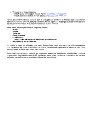 o Veículos leves de passageiros:
- uma (1) perua Volkswagen, modelo Kombi, ano XXXX; com XXXX km
- uma (1) caminhonete Fiat, modelo Strada; ano XXXX; com XXXX km
Para o desenvolvimento dos serviços com a execução das atividades e utilização dos equipamentos
acima mencionados também, comprovadamente, haverá a geração de perigos que representarão risco
aos seus trabalhadores e de outras empresas que atuarão no local.
Entre outros, estarão presentes os seguintes perigos:
o Ruído
o Poeira
o Vibração
o Óleos e graxas
o Combustível
o Trafego e movimentação de veículos e equipamentos
o Manuseio de peças pesadas
No quadro a seguir as atividades que serão desenvolvidas pelas equipes e que estão relacionadas
com os perigos aos quais os trabalhadores que as desenvolverão poderão ficar expostos, bem como
as medidas de proteção que devem ser tomadas.
Com o decorrer do tempo, deverão ser realizadas avaliações quantitativas e qualitativas, conforme
programação estabelecida neste PGR, avaliações estas cujos resultados indicarão se as medidas
indicadas são suficientes ou se outras medidas são necessárias.
 