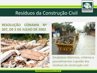 Resíduos da Construção Civil
        O que diz a nova legislação sobre os rejeitos?

  Art. 36. No âmbito da responsabilidade compartilhada pelo ciclo de vida dos
RESOLUÇÃO aoCONAMA Nºpúblicos de limpeza urbana e de manejo
  produtos, cabe titular dos serviços
307,resíduosDE JULHO DE 2002 o plano municipal de gestão
  de DE 5 sólidos, observado, se houver,
  integrada de resíduos sólidos:

  ...


  VI - dar disposição final ambientalmente adequada aos resíduos e rejeitos
  oriundos dos serviços públicos de limpeza urbana e de manejo de resíduos
  sólidos.
                                            Estabelece diretrizes, critérios e
                                            procedimentos à gestão dos
                                            resíduos da construção civil
 