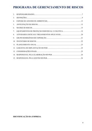 PROGRAMA DE GERENCIAMENTO DE RISCOS
2. RESPONSABILIDADES................................................................................................................7
3. DEFINIÇÕES..................................................................................................................................9
4. EXPOSIÇÃO AOS RISCOS AMBIENTAIS...............................................................................13
5. ANTECIPAÇÃO DE RISCOS......................................................................................................15
6. MATRIZ DE RISCOS...................................................................................................................15
7. EQUIPAMENTOS DE PROTEÇÃO INDIVIDUAL E COLETIVA...........................................19
8. ATIVIDADES CRITICAS E TREIANMENTOS APLICAVEIS................................................20
9. GRUPO HEMOGÊNEO DE EXPOSIÇÃO..................................................................................21
10. INVENTÁRIO DE RISCOS.........................................................................................................22
11. PLANEJAMENTO ANUAL ........................................................................................................23
12. GARANTIA DE IMPLANTAÇÃO DO PGR ..............................................................................25
13. CONSIDERAÇÕES FINAIS........................................................................................................25
14. RESPONSÁVEL PELA ELABORAÇÃO DO PGR....................................................................26
15. RESPONSÁVEL PELA GESTÃO DO PGR................................................................................26
IDENTIFICAÇÃO DA EMPRESA
4
 