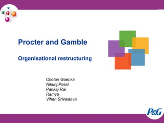 Procter and Gamble
Organisational restructuring
Chetan Goenka
Nikunj Passi
Pankaj Rai
Ramya
Vihan Srivastava
 