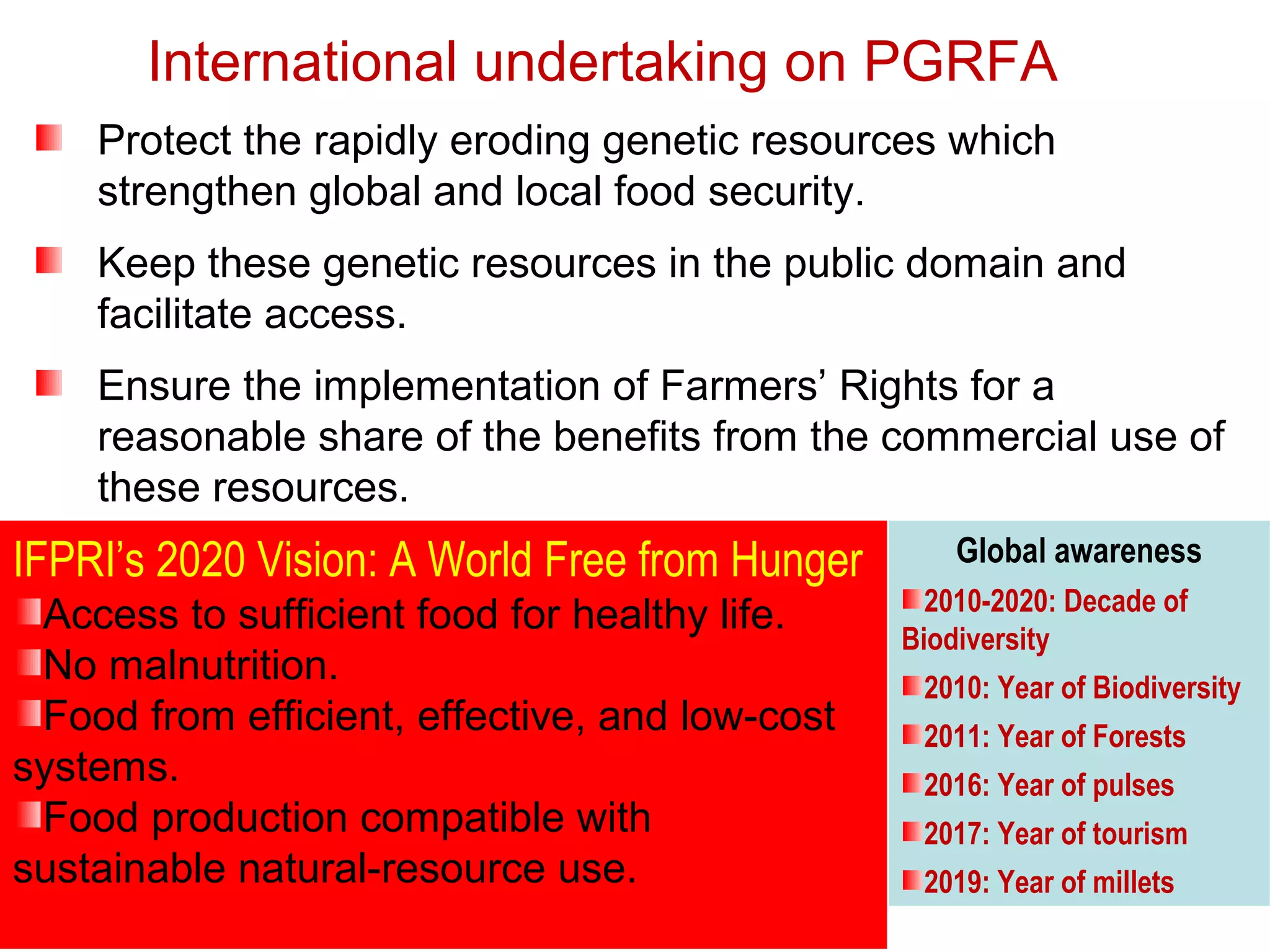 International undertaking on PGRFA
Protect the rapidly eroding genetic resources which
strengthen global and local food security.
Keep these genetic resources in the public domain and
facilitate access.
Ensure the implementation of Farmers’ Rights for a
reasonable share of the benefits from the commercial use of
these resources.
Global awareness
2010-2020: Decade of
Biodiversity
2010: Year of Biodiversity
2011: Year of Forests
2016: Year of pulses
2017: Year of tourism
2019: Year of millets
IFPRI’s 2020 Vision: A World Free from Hunger
Access to sufficient food for healthy life.
No malnutrition.
Food from efficient, effective, and low-cost
systems.
Food production compatible with
sustainable natural-resource use.
 