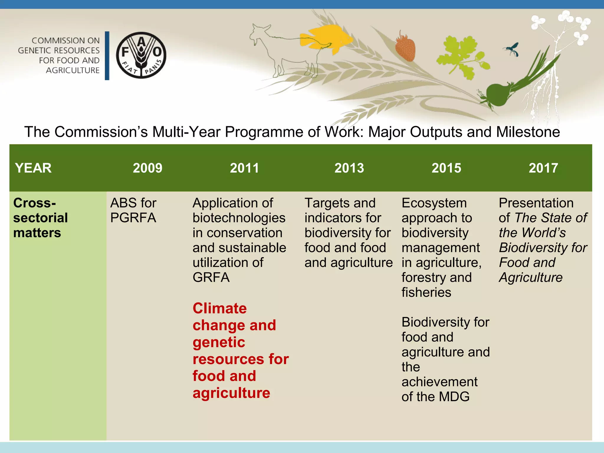 YEAR 2009 2011 2013 2015 2017
Cross-
sectorial
matters
ABS for
PGRFA
Application of
biotechnologies
in conservation
and sustainable
utilization of
GRFA
Climate
change and
genetic
resources for
food and
agriculture
Targets and
indicators for
biodiversity for
food and food
and agriculture
Ecosystem
approach to
biodiversity
management
in agriculture,
forestry and
fisheries
Biodiversity for
food and
agriculture and
the
achievement
of the MDG
Presentation
of The State of
the World’s
Biodiversity for
Food and
Agriculture
The Commission’s Multi-Year Programme of Work: Major Outputs and Milestone
 