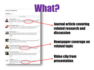 What?
Journal article covering
related research and
discussion
Newspaper coverage on
related topic
Video clip from
presentation
 