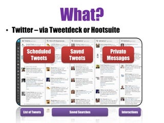 What?
• Twitter – via Tweetdeck or Hootsuite
List of Tweets Saved Searches Interactions
Scheduled
Tweets
Saved
Tweets
Private
Messages
 