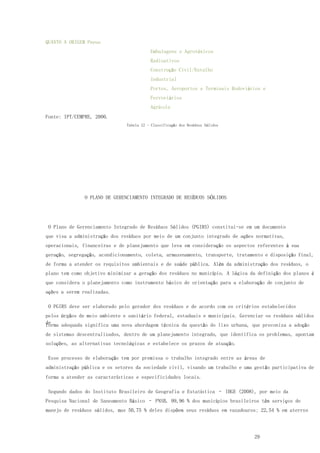 29
QUANTO A ORIGEM Pneus
Embalagens e Agrotóxicos
Radioativos
Construção Civil/Entulho
Industrial
Portos, Aeroportos e Terminais Rodoviários e
Ferroviários
Agrícola
Fonte: IPT/CEMPRE, 2000.
Tabela 12 - Classificação dos Resíduos Sólidos
O PLANO DE GERENCIAMENTO INTEGRADO DE RESÍDUOS SÓLIDOS
O Plano de Gerenciamento Integrado de Resíduos Sólidos (PGIRS) constitui-se em um documento
que visa a administração dos resíduos por meio de um conjunto integrado de ações normativas,
operacionais, financeiras e de planejamento que leva em consideração os aspectos referentes à sua
geração, segregação, acondicionamento, coleta, armazenamento, transporte, tratamento e disposição final,
de forma a atender os requisitos ambientais e de saúde pública. Além da administração dos resíduos, o
plano tem como objetivo minimizar a geração dos resíduos no município. A lógica da definição dos planos é
que considera o planejamento como instrumento básico de orientação para a elaboração de conjunto de
ações a serem realizadas.
O PGIRS deve ser elaborado pelo gerador dos resíduos e de acordo com os critérios estabelecidos
pelos órgãos de meio ambiente e sanitário federal, estaduais e municipais. Gerenciar os resíduos sólidos
deforma adequada significa uma nova abordagem técnica da questão do lixo urbana, que preconiza a adoção
de sistemas descentralizados, dentro de um planejamento integrado, que identifica os problemas, apontam
soluções, as alternativas tecnológicas e estabelece os prazos de atuação.
Esse processo de elaboração tem por premissa o trabalho integrado entre as áreas de
administração pública e os setores da sociedade civil, visando um trabalho e uma gestão participativa de
forma a atender as características e especificidades locais.
Segundo dados do Instituto Brasileiro de Geografia e Estatística – IBGE (2008), por meio da
Pesquisa Nacional de Saneamento Básico – PNSB, 99,96 % dos municípios brasileiros têm serviços de
manejo de resíduos sólidos, mas 50,75 % deles dispõem seus resíduos em vazadouros; 22,54 % em aterros
 