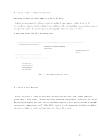62
8.1. Coleta Seletiva – Materiais Recicláveis
Amostragem segregada de Resíduo Doméstico de Arroio dos Ratos:
O método de amostragem foi realizado através de medição de uma carga de resíduos de um dia de
coleta pelos serviços contratados pela Prefeitura em bairros diferentes da cidade o que conferiu a garantia
de representatividade dos resíduos gerados pela população urbana de Arroio dos Ratos.
A amostragem recebeu 203,185 Kg de resíduo bruto.
Tabela 19 – Amostragem do resíduo bruto gerado
8.2. Coleta Seletiva Municipal
A coleta seletiva é o sistema de recolhimento dos materiais recicláveis como: papéis, plásticos,
vidros, metais, entre outros. “A coleta seletiva é um sistema ecologicamente correto que visa recolher
omaterial potencialmente reciclável, que foi previamente separado na fonte geradora através de uma ação
conjunta entre inúmeros parceiros” (SEMA, 2007). A coleta seletiva proporciona benefícios nos âmbitos
ambiental, econômico e social, conforme demonstra a Tabela 20, a seguir:
AÇOALVIDRO QUEBRADOVIDRO RETORNÁVELPLÁSTICO MISTOPPISOPORTETRAPAPEL MISTOPAPEL SACARIAPAPEL BRANCOJORNALPAPELÃOPSPBDPEADPETREJEITOM.O.OUTROS114080088027001610800300370118060010608704230550120031008002360134405000
76051503002902500302070017802600128506701430110010302090270014760
6603500174040109010 - 5000 (REPASSADO PARA OUTROS)7302480306010650
9301000733012100236012820
23301142016900010510(repassado para rejeito)
2300710011501895
G190080060302700191080030036505110600106087042304670991031004670448301010455000203185G
KG1,90,86,032,71,910,80,33,655,110,61,060,874,234,679,913,14,6744,83101,0455203,185KG
%0,94%0,39%2,97%1,33%0,94%0,39%0,15%1,80%2,51%0,30%0,52%0,43%2,08%2,30%4,88%1,53%2,30%22,06%49,73%2,46%100,00%%
METAIS2,71,33%PAPEIS15,527,64%
VIDRO8,734,30%PLÁSTICOS25,3612,48%
REJEITO44,8322,06%MO101,04549,73%
OUTROS52,46%SOMA203,185100,00%
 