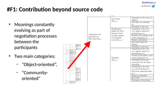 #F1: Contribution beyond source code
●
Meanings constantly
evolving as part of
negotiation processes
between the
participants
●
Two main categories:
– “Object-oriented”,
– “Community-
oriented”
@drozas
davidrozas.cc
 