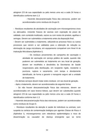 atingirem 2/3 de sua capacidade ou pelo menos uma vez a cada 24 horas e
identificados conforme item 1.3
- Havendo descaracterização física das estruturas, podem ser
acondicionados como resíduos do Grupo D.
- Resíduos resultantes de atividades de vacinação com microorganismos vivos
ou atenuados, incluindo frascos de vacinas com expiração do prazo de
validade, com conteúdo inutilizado, vazios ou com restos do produto, agulhas e
seringas. Devem ser submetidos a tratamento antes da disposição final.
- Devem ser submetidos a tratamento, utilizando-se processo físico ou outros
processos que vierem a ser validados para a obtenção de redução ou
eliminação da carga microbiana, em equipamento compatível com Nível III de
Inativação Microbiana (Apêndice I).
- Os resíduos provenientes de campanha de vacinação e
atividade de vacinação em serviço público de saúde, quando não
puderem ser submetidos ao tratamento em seu local de geração,
devem ser recolhidos e devolvidos às Secretarias de Saúde
responsáveis pela distribuição, em recipiente rígido, resistente à
punctura, ruptura e vazamento, com tampa e devidamente
identificado, de forma a garantir o transporte seguro até a unidade
de tratamento.
- Os demais serviços devem tratar estes resíduos em seu local de geração.
- Após o tratamento, devem ser acondicionados da seguinte forma:
- Se não houver descaracterização física das estruturas, devem ser
acondicionados em saco branco leitoso, que devem ser substituídos quando
atingirem 2/3 de sua capacidade ou pelo menos uma vez a cada 24 horas e
identificados conforme item 1.3
- Havendo descaracterização física das estruturas, podem ser acondicionados
como resíduos do Grupo D.
- Resíduos resultantes da atenção à saúde de indivíduos ou animais, com
suspeita ou certeza de contaminação biológica por agentes Classe de Risco 4
(Apêndice I), microorganismos com relevância epidemiológica e risco de
disseminação

ou

causador

de

doença

52

emergente

que

se

torne

 