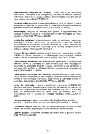 Gerenciamento integrado de resíduos: conjunto de ações normativas,
operacionais, financeiras e de planejamento, baseado em critérios sanitários,
ambientais e econômicos, que possibilita as administrações municipais coletar,
tratar e dispor os resíduos (IPT, 1995: 3).
Hemoderivados: produtos farmacêuticos obtidos a partir do plasma humano,
submetidos a processos de industrialização e normatização que lhes conferem
qualidade, estabilidade e especificidade (RDC ANVISA no 306/04).
Identificação: conjunto de medidas que permite o reconhecimento dos
resíduos contidos nos sacos e recipientes, fornecendo informações ao correto
manejo dos RSS (RDC ANVISA no 306/04).
Instalações radiativas: estabelecimentos onde se produzem, processam,
manuseiam, utilizam, transportam ou armazenam fontes de radiação,
excetuando-se as instalações nucleares definidas na norma CNEN-NE-1.04
"Licenciamento de Instalações Nucleares" e os veículos transportadores de
fontes de radiação (RDC ANVISA no 306/04).
Insumos farmacêuticos: qualquer produto químico ou material (por exemplo:
embalagem) utilizado no processo de fabricação de um medicamento, seja na
sua formulação, envase ou acondicionamento (RDC ANVISA no 306/04).
Licenciamento ambiental: atos administrativos pelos quais o órgão de meio
ambiente aprova a viabilidade do local proposto para uma instalação de
tratamento ou destinação final de resíduos, permitindo a sua construção e
operação, após verificar a viabilidade técnica e o conceito de segurança do
projeto (RDC ANVISA no 306/04).
Licenciamento de instalações radiativas: atos administrativos pelos quais a
CNEN aprova a viabilidade do local proposto para uma instalação radiativa e
permite a sua construção e operação, após verificar a viabilidade técnica e o
conceito de segurança do projeto (RDC ANVISA no 306/04).
Limite de eliminação: valores estabelecidos na norma CNEN-NE-6.05
"Gerência de Rejeitos Radioativos em Instalações Radioativas" e expressos em
termos de concentrações de atividade e/ou atividade total, em ou abaixo dos
quais um determinado fluxo de rejeito pode ser liberado pelas vias
convencionais, sob os aspectos de proteção radiológica (RDC ANVISA no
306/04).
Líquidos corpóreos: são representados pelos líquidos cefalorraquidiano,
pericárdico, pleural, articular, ascítico e amniótico (RDC ANVISA no 306/04).
Lixão ou vazadouro: caracteriza-se pela simples descarga de resíduos sobre
o solo, sem medidas de proteção ao meio ambiente e à saúde pública.
Local de geração: representa a unidade de trabalho onde é gerado o resíduo
(RDC ANVISA no 306/04).

70

 