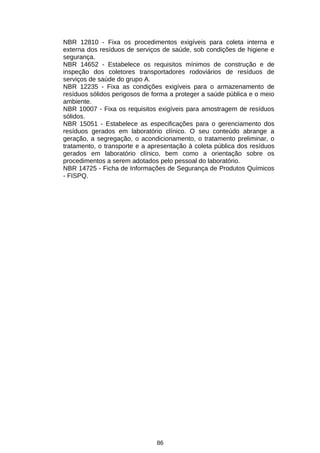 NBR 12810 - Fixa os procedimentos exigíveis para coleta interna e
externa dos resíduos de serviços de saúde, sob condições de higiene e
segurança.
NBR 14652 - Estabelece os requisitos mínimos de construção e de
inspeção dos coletores transportadores rodoviários de resíduos de
serviços de saúde do grupo A.
NBR 12235 - Fixa as condições exigíveis para o armazenamento de
resíduos sólidos perigosos de forma a proteger a saúde pública e o meio
ambiente.
NBR 10007 - Fixa os requisitos exigíveis para amostragem de resíduos
sólidos.
NBR 15051 - Estabelece as especificações para o gerenciamento dos
resíduos gerados em laboratório clínico. O seu conteúdo abrange a
geração, a segregação, o acondicionamento, o tratamento preliminar, o
tratamento, o transporte e a apresentação à coleta pública dos resíduos
gerados em laboratório clínico, bem como a orientação sobre os
procedimentos a serem adotados pelo pessoal do laboratório.
NBR 14725 - Ficha de Informações de Segurança de Produtos Químicos
- FISPQ.

86

 