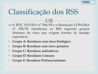  A RDC ANVISA n° 306/04 e a Resolução CONAMA
n° 358/05 classificam os RSS segundo grupos
distintos de risco que exigem formas de manejo
específicas.
• Grupo A: Resíduos com risco biológico
• Grupo B: Resíduos com risco químico
• Grupo C: Resíduos radioativos
• Grupo D: Resíduos Comuns
• Grupo E: Resíduos Perfurocortantes
Classificação dos RSS
PGRSS
 