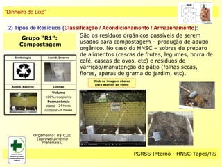 “Dinheiro do Lixo”


 2) Tipos de Resíduos (Classificação / Acondicionamento / Armazenamento):
                                São os resíduos orgânicos passíveis de serem
        Grupo “R1”:
                                usados para compostagem – produção de adubo
       Compostagem
                                orgânico. No caso do HNSC – sobras de preparo
    Simbologia   Acond. Interno
                                de alimentos (cascas de frutas, legumes, borra de
                                café, cascas de ovos, etc) e resíduos de
                                varrição/manutenção do pátio (folhas secas,
                                flores, aparas de grama do jardim, etc).
                                           Click na imagem abaixo
                                            para assistir ao video
   Acond. Externo         Limites

                          Volume
                     100% recepiente
                      Permanência
                     Interno – 24 horas.
                     Compost – 6 meses




                Orçamento: R$ 0,00
                 (aproveitamento
                    materiais);


                                                                     PGRSS Interno - HNSC-Tapes/RS
 