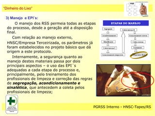 “Dinheiro do Lixo”

 3) Manejo e EPI´s:
       O manejo dos RSS permeia todas as etapas
  do processo, desde a geração até a disposição
  final.
     Com relação ao manejo externo,
  HNSC/Empresa Terceirizada, os parâmetros já
  foram estabelecidos no projeto básico que dá
  origem a este protocolo.
     Internamente, a segurança quanto ao
  manejo destes materiais passa por dois
  principais aspectos – o uso das EPI´s
  adequadas a cada etapa do processo e,
  principalmente, pelo treinamento dos
  profissionais de limpeza e correção das regras
  de segregação, acondicionamento e
  sinalética, que antecedem a coleta pelos
  profissionais de limpeza;



                                              PGRSS Interno - HNSC-Tapes/RS
 