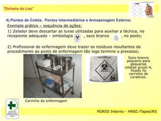 “Dinheiro do Lixo”


 4) Pontos de Coleta, Pontos Intermediários e Armazenagem Externa:
  Exemplo prático – sequência de ações:
  1) Zelador deve descartar as luvas utilizadas para auxiliar a técnica, no
  recepiente adequado – simbologia         , saco branco       , no posto;

  2) Profissional de enfermagem deve trazer os resíduos resultantes do
  procedimento ao posto de enfermagem tão logo termine o processo;
                                                                  Saco branco
                                                                 pequeno para
                                                                   pequenas
                                                                coletas grupo A,
                                                                    fixado no
                                                                  carrinho de
                                                                   curativos.




            Carrinho de enfermagem


                                                 PGRSS Interno - HNSC-Tapes/RS
 