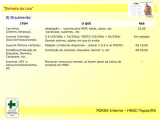 “Dinheiro do Lixo”

 8) Orçamento:
           ITEM                                        O QUÊ                                R$$
 Carrinhos                   adaptação – suporte para MOP, balde, sacos, etc               25,00
 (enferm./limpeza);          -parafusos, suportes, etc
 Lixeiras Coloridas          S.E (03/50lts + 01/25lts); POSTO (03/50lts + 01/25lts)      Em cotação
 (bco/verm/azul/verde)       Demais setores, adptar om que já existe
 Suporte Pérfuro-cortante;   Adaptar c/material disponível – colocar n S.E e no POSTO;    R$ 10,00
 Sinalética/Produção de      Confecção de cartazes, etiquetas, banner´s, etc              R$ 50,00
 Etiquetas, Banners,
 Cartazaes, etc
 Insumos: EPI´s,             Mensurar consumos mensal; já fazem parte da rotina de           -
 Sacos/cores/tamanhos,       compras do HNSC
 etc




                                                                  PGRSS Interno - HNSC-Tapes/RS
 