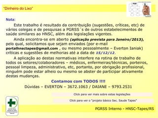 “Dinheiro do Lixo”

 Nota:
      Este trabalho é resultado da contribuição (sugestões, críticas, etc) de
 vários colegas e de pesquisas a PGRSS´s de outros estabelecimentos de
 saúde similares ao HNSC, além das legislações vigentes.
      Ainda encontra-se em aberto (aplicação prevista para Janeiro/2013),
 pelo qual, solicitamos que sejam enviados (por e-mail
 portalhnsctapes@gmail.com , ou mesmo pessoalmente – Everton Ianiak)
 críticas e sugestões de melhorias até a data de 15/12/12.
      A aplicação ao destas normativas interfere na rotina de trabalho de
 todos os setores/colaboradores – médicos, enfermeiras/técnicas, porteiros,
 pessoal limpeza, administrativo, etc, portanto, por obrigação profissional,
 ninguém pode estar alheio ou mesmo se abster de participar ativamente
 destas mudanças.
                          Contamos com TODOS !!!!
            Dúvidas – EVERTON – 3672.1063 / DAIANE – 9793.2531
                                      Click para ver mais sobre estas legislações

                                   Click para ver o “projeto básico Sec. Saude Tapes”


                                                      PGRSS Interno - HNSC-Tapes/RS
 