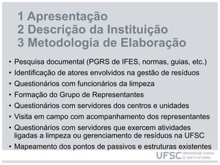 1 Apresentação
2 Descrição da Instituição
3 Metodologia de Elaboração
• Pesquisa documental (PGRS de IFES, normas, guias, etc.)
• Identificação de atores envolvidos na gestão de resíduos
• Questionários com funcionários da limpeza
• Formação do Grupo de Representantes
• Questionários com servidores dos centros e unidades
• Visita em campo com acompanhamento dos representantes
• Questionários com servidores que exercem atividades
ligadas a limpeza ou gerenciamento de resíduos na UFSC
• Mapeamento dos pontos de passivos e estruturas existentes
 