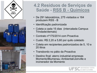 4.2 Resíduos de Serviços de
Saúde - RSS B - Químicos
• De 291 laboratórios, 275 visitados e 164
produzem RSS - B
• Identificação padronizada
• Coleta a cada 15 dias (intercalada Campus
Trindade/demais)
• Contrato nº175/2014 com Proactiva
• Custo: R$ 2,20 a 5,60 por quilo coletado
• Coleta em recipientes padronizados de 5, 10 e
20 litros
• Transbordo no pátio da Proactiva
• Destino final: aterro industrial empresas
Momento/Blumenau; Ambiental/Joinville e
incinerador da Momento
 