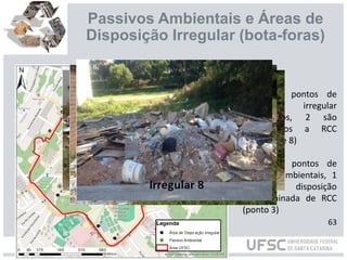 Passivos Ambientais e Áreas de
Disposição Irregular (bota-foras)
- Dos 8 pontos de
disposição irregular
constatados, 2 são
relacionados a RCC
(pontos 7 e 8)
- Dos 4 pontos de
passivos ambientais, 1
possui disposição
indiscriminada de RCC
(ponto 3)
63
 