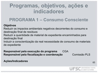 Programas, objetivos, ações e
indicadores
65
PROGRAMA 1 – Consumo Consciente
Objetivos
Reduzir os impactos ambientais negativos decorrentes do consumo e
destinação final de resíduos
Reduzir a quantidade de material de expediente encaminhados para
destinação final
Induzir a conscientização da real necessidade de consumo de materiais
de expediente
Responsável pela execução do programa CGA
Responsável pela fiscalização e coordenação Comissão PLS
Ações/Indicadores
 