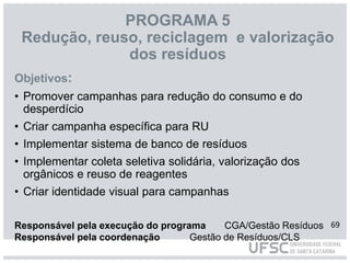 PROGRAMA 5
Redução, reuso, reciclagem e valorização
dos resíduos
Objetivos:
• Promover campanhas para redução do consumo e do
desperdício
• Criar campanha específica para RU
• Implementar sistema de banco de resíduos
• Implementar coleta seletiva solidária, valorização dos
orgânicos e reuso de reagentes
• Criar identidade visual para campanhas
Responsável pela execução do programa CGA/Gestão Resíduos
Responsável pela coordenação Gestão de Resíduos/CLS
69
 