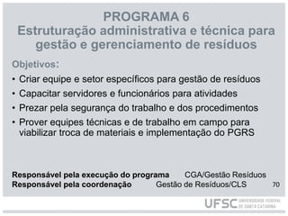 PROGRAMA 6
Estruturação administrativa e técnica para
gestão e gerenciamento de resíduos
Objetivos:
• Criar equipe e setor específicos para gestão de resíduos
• Capacitar servidores e funcionários para atividades
• Prezar pela segurança do trabalho e dos procedimentos
• Prover equipes técnicas e de trabalho em campo para
viabilizar troca de materiais e implementação do PGRS
Responsável pela execução do programa CGA/Gestão Resíduos
Responsável pela coordenação Gestão de Resíduos/CLS 70
 