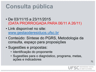 Consulta pública
• De 03/11/15 a 23/11/2015
(DATA PRORROGADA PARA 06/11 A 26/11)
• Link disponível no site:
www.gestaoderesiduos.ufsc.br
• Conteúdo: Síntese do PGRS, Metodologia da
consulta, espaço para proposições
• Sugestões e propostas:
• Identificação do proponente
• Sugestões para o diagnóstico, programa, metas,
ações e indicadores
71
 