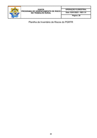 PGRTR
PROGRAMA DE GERENCIAMENTO DE RISCO
NO TRABALHO RURAL
OPERAÇÃO FLORESTRAL
Data: 03/01/2023 – REV. 01
Página: 28
28
Planilha de Inventário de Riscos do PGRTR
 