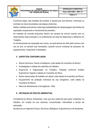 PGRTR
PROGRAMA DE GERENCIAMENTO DE RISCO
NO TRABALHO RURAL
OPERAÇÃO FLORESTRAL
Data: 03/01/2023 – REV. 01
Página: 9
9
A próxima etapa, das medidas de controle, é aquela que visa eliminar, minimizar ou
controlar os riscos levantados nas etapas anteriores.
Adotar medidas preventivas onde haja probabilidade de ultrapassagem dos limites de
exposição ocupacional e monitoramento periódico.
As medidas de controle propostas devem ser sempre de comum acordo com os
responsáveis pela produção e os profissionais da área de Segurança e Medicina do
Trabalho.
O monitoramento da exposição aos riscos, ao qual deverá ser feito pelo menos uma
vez ao ano, ou sempre que necessário, quando houver mudança de processo, de
equipamentos, maquinário e atividades.
5. ASPECTOS CONTEMPLADOS
 Riscos Químicos, físicos e biológicos; (vide tabela do Inventário de Risco)
 Investigação e análise de acidentes do trabalho;
 Ergonomia e Organização do Trabalho; Tratadas conforme Análise
Ergonômica Vigente e tabela do Inventário de Risco.
 Riscos decorrentes do trabalho em altura; (vide tabela do Inventário de Risco)
 Equipamento de proteção individual de uso obrigatório; (vide tabela do
Inventário de Risco)
 Plano de Atendimento a Emergência - PAE.
6. DEFINIÇÃO DE RISCOS AMBIENTAIS
Consideram-se Riscos Ambientais, tudo que tem potencial para gerar acidentes no
trabalho, em função da sua natureza, concentração, intensidade e tempo de
exposição.
Dividem-se em Agentes Físicos, Químicos, Biológicos, Ergonômicos e de Acidentes.
 
