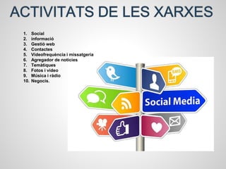1. Social
2. informació
3. Gestió web
4. Contactes
5. Videofrequència i missatgeria
6. Agregador de noticies
7. Temàtiques
8. Fotos i video
9. Música i ràdio
10. Negocis.
 