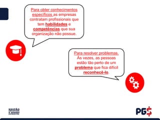 Para obter conhecimentos
específicos as empresas
contratam profissionais que
tem habilidades e
competências que sua
organização não possue.
Para resolver problemas.
Às vezes, as pessoas
estão tão perto de um
problema que fica difícil
reconhecê-lo.
 