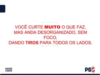 VOCÊ CURTE MUITO O QUE FAZ,
MAS ANDA DESORGANIZADO, SEM
FOCO,
DANDO TIROS PARA TODOS OS LADOS.
 