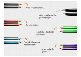 Uma boa consultoria...
começa pelo que ela
pode entregar.
Se adaptando...
a cada tipo de cliente
que atende.
Entendendo as suas
peculiaridades...
e seu estilo de
gestão.
 