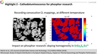 5µm
Recording consecutive CL mappings, at different temperature
Highlight 2 - Cathodoluminescence for phosphor research
Impact on phosphor research: doping homogeneity in SrGa2S4:Eu2+
Martin et al., ECS Journal of Solid State Science and Technology, 7 (1) R3052-R3056 (2018)
Microscopic Study of Dopant Distribution in Europium Doped SrGa2S4: Impact on Thermal Quenching and Phosphor Performance
 