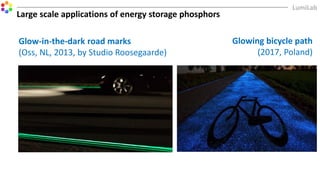 Glow-in-the-dark road marks
(Oss, NL, 2013, by Studio Roosegaarde)
Large scale applications of energy storage phosphors
Glowing bicycle path
(2017, Poland)
 