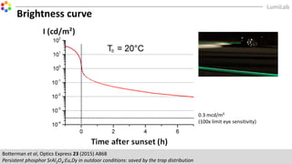 Botterman et al, Optics Express 23 (2015) A868
Persistent phosphor SrAl2O4:Eu,Dy in outdoor conditions: saved by the trap distribution
Brightness curve
0.3 mcd/m²
(100x limit eye sensitivity)
 