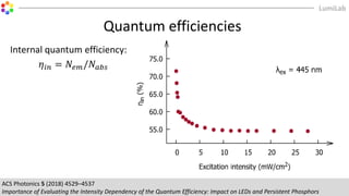 Quantum efficiencies
Internal quantum efficiency:
𝜂𝑖𝑛 = 𝑁𝑒𝑚/𝑁𝑎𝑏𝑠
ACS Photonics 5 (2018) 4529–4537
Importance of Evaluating the Intensity Dependency of the Quantum Efficiency: Impact on LEDs and Persistent Phosphors
 