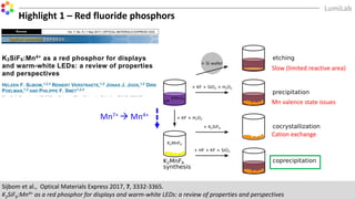 Highlight 1 – Red fluoride phosphors
Cation exchange
Mn valence state issues
Slow (limited reactive area)
Mn7+  Mn4+
Sijbom et al., Optical Materials Express 2017, 7, 3332-3365.
K2SiF6:Mn4+ as a red phosphor for displays and warm-white LEDs: a review of properties and perspectives
 