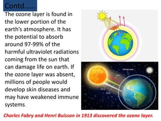 The ozone layer is found in
the lower portion of the
earth’s atmosphere. It has
the potential to absorb
around 97-99% of the
harmful ultraviolet radiations
coming from the sun that
can damage life on earth. If
the ozone layer was absent,
millions of people would
develop skin diseases and
may have weakened immune
systems.
Contd……
Charles Fabry and Henri Buisson in 1913 discovered the ozone layer.
 