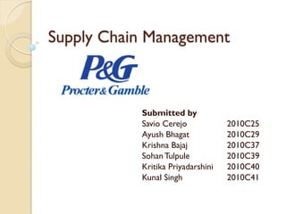 Supply Chain Management



           Submitted by
           Savio Cerejo            2010C25
           Ayush Bhagat            2010C29
           Krishna Bajaj           2010C37
           Sohan Tulpule           2010C39
           Kritika Priyadarshini   2010C40
           Kunal Singh             2010C41
 
