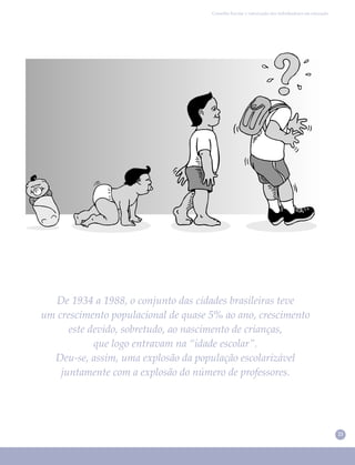 21
De 1934 a 1988, o conjunto das cidades brasileiras teve
um crescimento populacional de quase 5% ao ano, crescimento
este devido, sobretudo, ao nascimento de crianças,
que logo entravam na “idade escolar”.
Deu-se, assim, uma explosão da população escolarizável
juntamente com a explosão do número de professores.
Conselho Escolar e valorização dos trabalhadores em educação
 