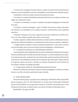 48
Conselho Escolar e valorização dos trabalhadores em educação
 assumir uma concepção de escola inclusiva, a partir do estudo inicial e permanente da
história, da vida social pública e privada, da legislação e do ﬁnanciamento educação escolar;
 identiﬁcar as diversas funções educativas presentes na escola;
 reconhecer e constituir identidade proﬁssional educativa em sua ação nas escolas e em
órgãos dos sistemas de ensino;
 cooperar na elaboração, execução e avaliação da proposta pedagógica da instituição
de ensino;
 formular e executar estratégias e ações no âmbito das diversas funções educativas
não docentes, em articulação com as práticas docentes, conferindo-lhes maior qualidade
educativa;
 dialogar e interagir com os outros segmentos da escola no âmbito dos conselhos esco-
lares e de outros órgãos de gestão democrática da educação;
coletar, organizar e analisar dados referentes à secretaria escolar, à alimentação escolar, à
operação de multimeios didáticos e à manutenção da infra-estrutura material e ambiental;
 redigir projetos, relatórios e outros documentos pertinentes à vida escolar, inclusive
em formatos legais, para as diversas funções de apoio pedagógico e administrativo.
1.3 - Competências especíﬁcas de cada habilitação proﬁssional:
Aserem deﬁnidas pelos estabelecimentos de ensino, obedecidas as Diretrizes Curriculares
Nacionais deﬁnidas pelo Conselho Nacional de Educação e as normas especíﬁcas dos respec-
tivos sistemas de ensino, em planos de curso estruturados a partir dos perﬁs proﬁssionais de
conclusão de cada habilitação proﬁssional, devidamente aprovados pelos órgãos próprios
do respectivo sistema de ensino e inseridos no Cadastro Nacional de Cursos Técnicos de
nível médio, mantido e divulgado pelo MEC.
1.4 - Carga horária mínima de cada habilitação proﬁssional da área:
Mínimo de 1.200 horas, incluindo um bloco de estudos pedagógicos, um bloco de estudos
técnicos e um bloco de prática proﬁssional supervisionada.
II – VOTO DO RELATOR
Nos termos deste parecer, os quadros anexos à Resolução CNE/CEB nº 4/99, de 22/12/1999,
devem incorporar como 21ª Área Proﬁssional, no rol das áreas da Educação Proﬁssional
Técnica de Nível Médio, com carga horária mínima de 1.200 (mil e duzentas) horas, a Área
Proﬁssional de Serviços de Apoio Escolar, nos termos do Projeto de Resolução anexo.
Brasília(DF), 3 de agosto de 2005.
 