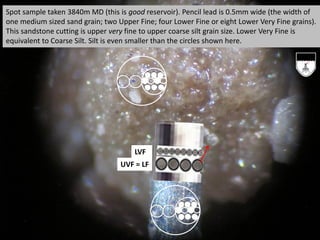 Spot sample taken 3840m MD (this is good reservoir). Pencil lead is 0.5mm wide (the width of
one medium sized sand grain; two Upper Fine; four Lower Fine or eight Lower Very Fine grains).
This sandstone cutting is upper very fine to upper coarse silt grain size. Lower Very Fine is
equivalent to Coarse Silt. Silt is even smaller than the circles shown here.
UVF = LF
LVF
 
