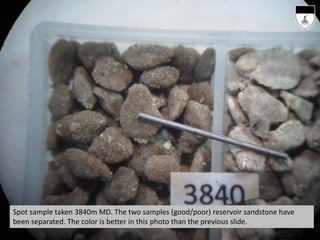 Spot sample taken 3840m MD. The two samples (good/poor) reservoir sandstone have
been separated. The color is better in this photo than the previous slide.
 
