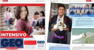 2
MOÇADAQUE
MOÇADAQUE
23Paraíba | Julho de 2015 Paraíba | Julho de 2015
Surf
Também surfista, Yure está afastado do mar por causa da lesão no joelho. Longe de
competições de surf pelo fato de se dedicar mais às lutas, o atleta resolveu voltar a compe-
tir em cima da prancha. Este ano, ele adiantou que vai correr só no Estadual, para pegar
ritmo. No ano que vem, a conversa será outra. O atleta pretende competir em todos os
eventos que puder na categoria Open.
Competição na Europa
Desde 2014 Yure Nogueira tenta participar do Campeonato Euro-
peu, disputado em Portugal todos os anos, no mês de janeiro. Segundo
o atleta, a Buffalo (empresa de kimono) ofereceu apoio para arcar com
todos os custos no evento, entretanto, ele deveria conseguir os valores
da passagem.
Este ano, o lutador informou que não viajou devido ao alto valor
das passagens, que juntas somavam R$ 5 mil. Para 2016, Yure terá uma
nova oportunidade com a Buffalo e por isso ele corre em busca de patro-
cínio para viajar a Portugal.
Faixa roxa
Há pouco mais de quatro meses Nogueira subiu de faixa, saiu da azul para a
roxa. A transição aconteceu na época da Copa João Pessoa de Jiu-Jitsu: Edição No
Gi. No evento realizado em junho, no Unipê, Yure já estreou sua nova graduação
com vitória.
 