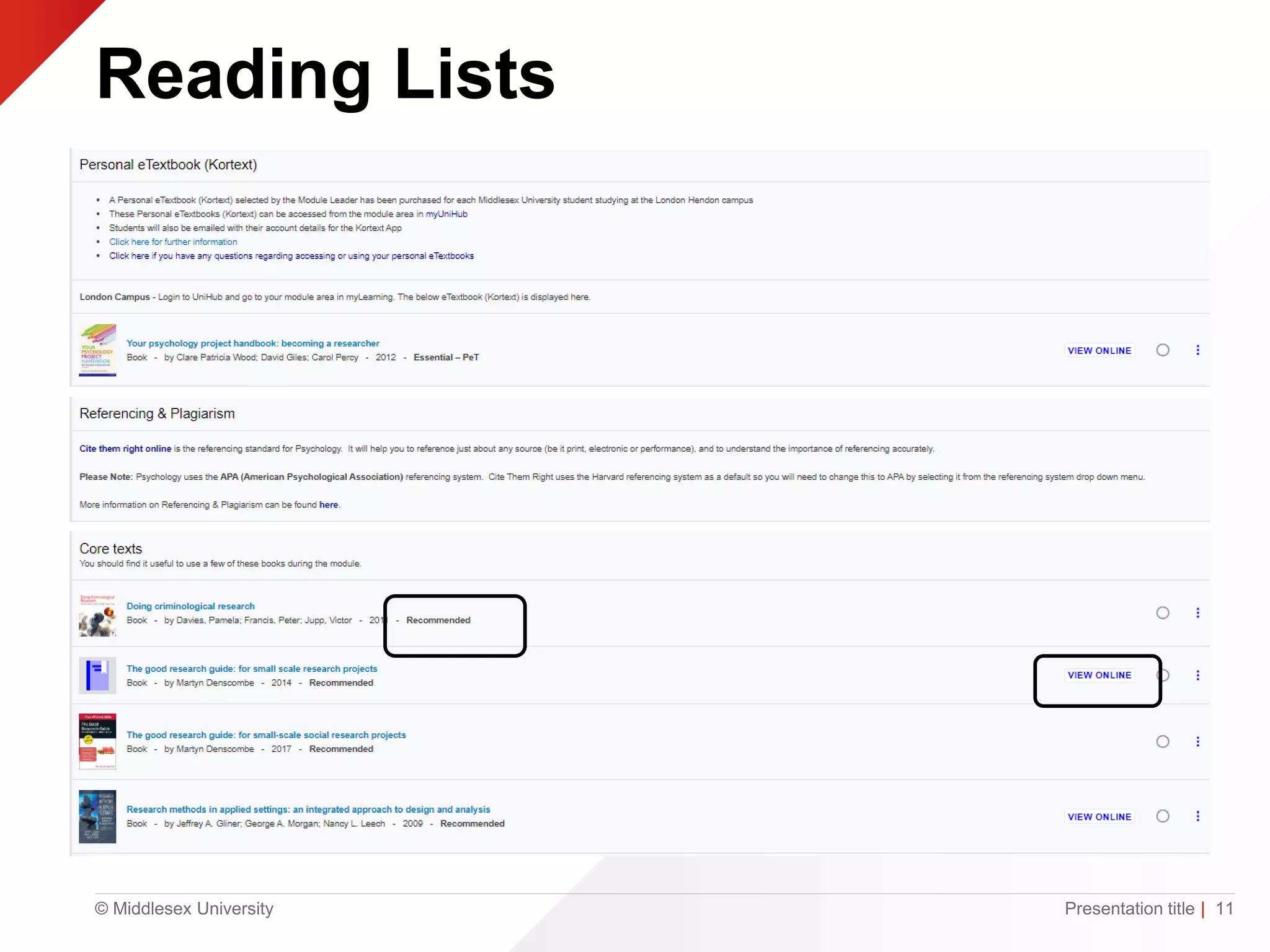 © Middlesex University
Reading Lists
Presentation title | 11
 