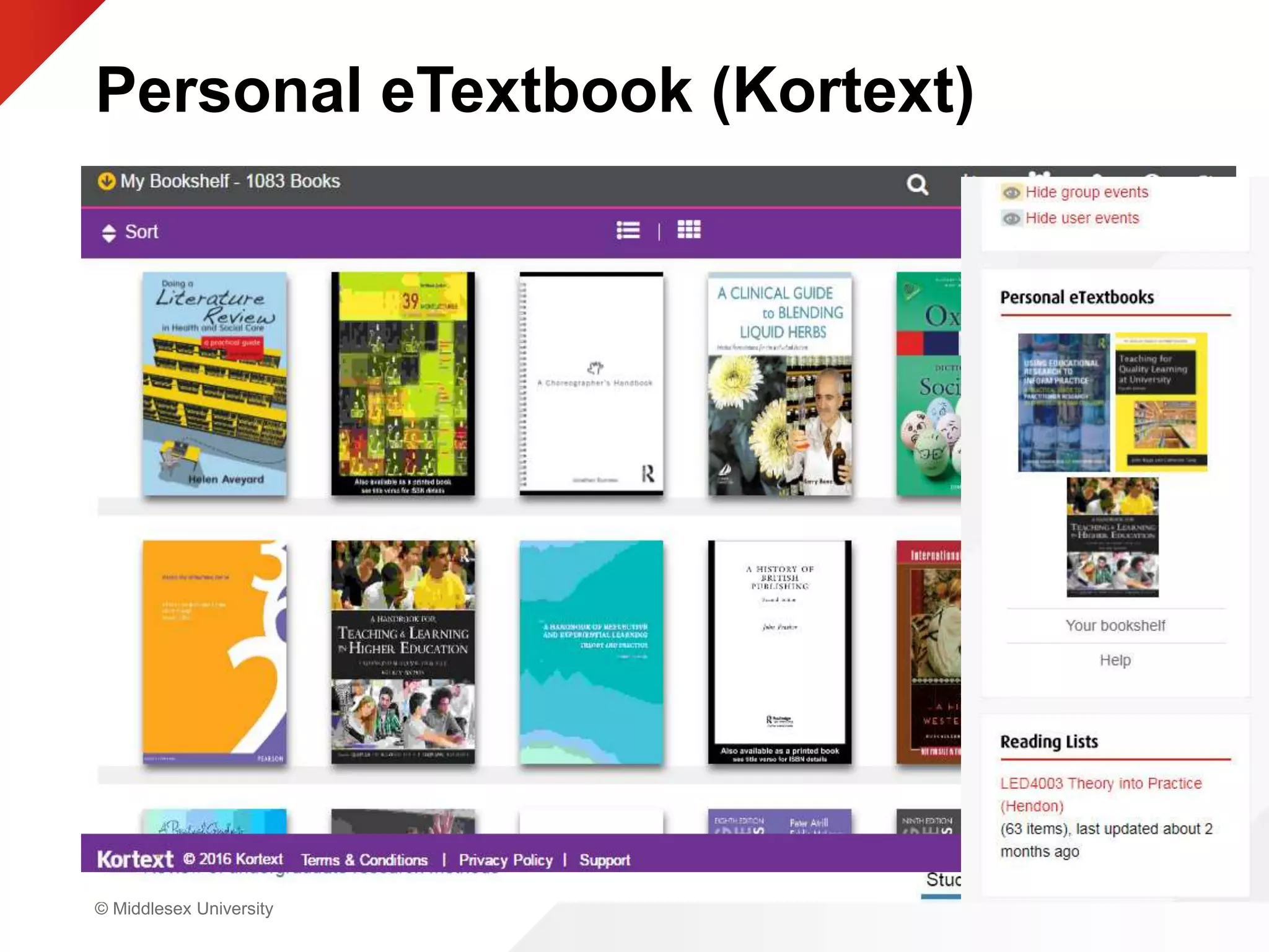 © Middlesex University
Personal eTextbook (Kortext)
• Access via module area on MyUnihub
• Each module has one
• What are these for?
 